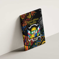 Black canvas wall art mounted on wall, featuring Central African Republic emblem and colors