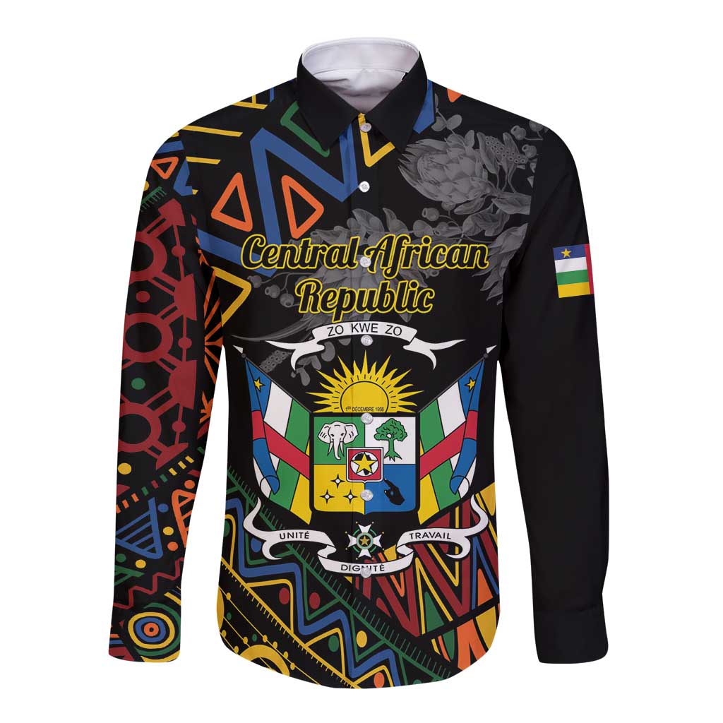 Black long-sleeve button shirt with Central African Republic crest front graphic