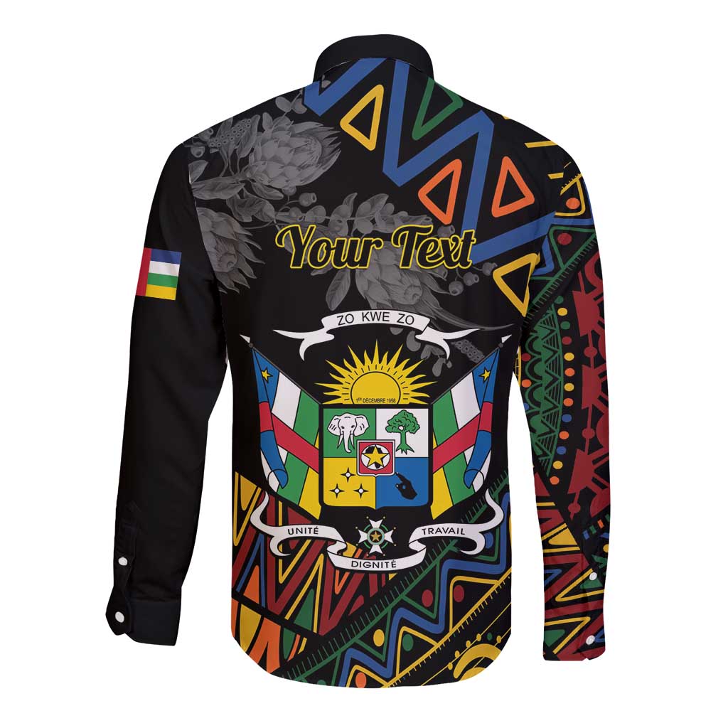 Black long-sleeve button shirt with 'Your Text' graphic on back