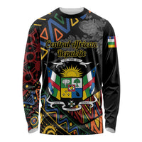 Black long-sleeve shirt with Central African Republic crest and colorful geometric pattern