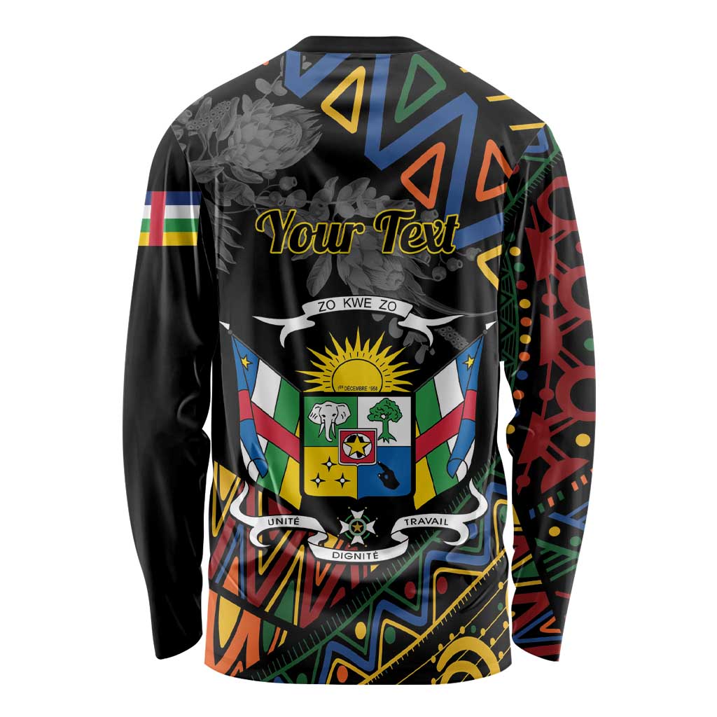 Black long-sleeve shirt, back view, with “Your Text” and Central African crest pattern