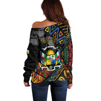 Black off-shoulder sweater with long sleeves, colorful Central African Republic graphic print