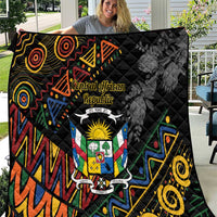 Black quilt with Central African crest panel and colorful geometric tribal patterns, quilted surface