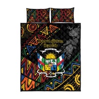 Black quilt bed set with matching pillow covers, multicolor geometric artwork