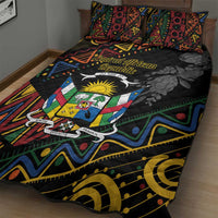 Black quilt bed set with multicolor African pattern and two matching pillow covers