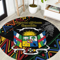 Black round area rug with Central African Republic banner, sun emblem, and flags