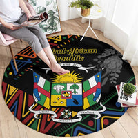 Black round area rug with Central African Republic wording and colorful coat-of-arms