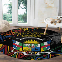 Black round area rug with Central African Republic text and colorful flag graphic