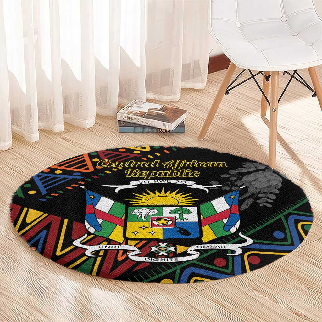 Black round area rug featuring Central African Republic emblem and flag pattern