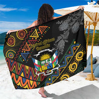 Black sarong with Central African Republic crest and colorful tribal pattern