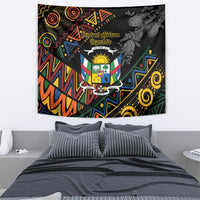Black wall tapestry with Central African Republic crest and colorful geometric design