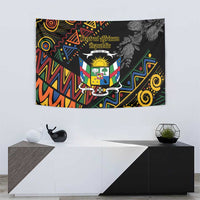 Black tapestry with Central African Republic crest, floral accents, and zigzag patterns