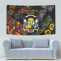 Black wall tapestry featuring Central African Republic crest and vibrant geometric artwork