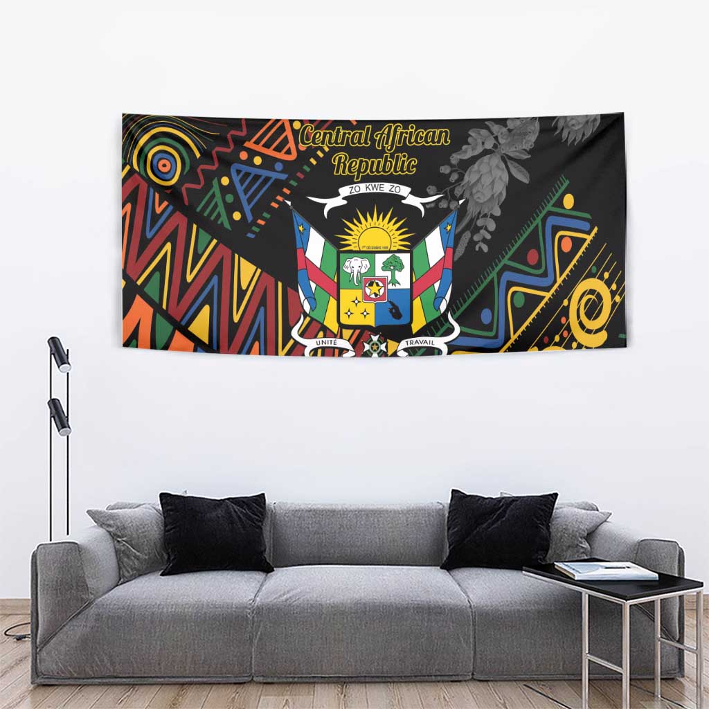Black wall tapestry with Central African Republic crest, floral elements, and colorful motifs