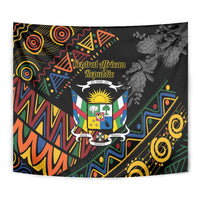 Black wall tapestry with colorful Central African crest and geometric tribal patterns