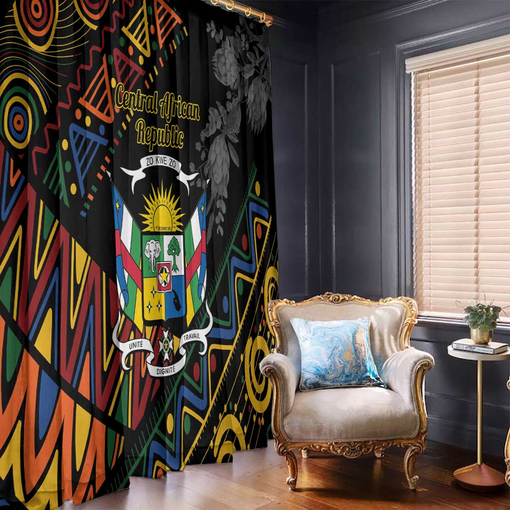Pair of black window curtains with colorful geometric crest and protea accents