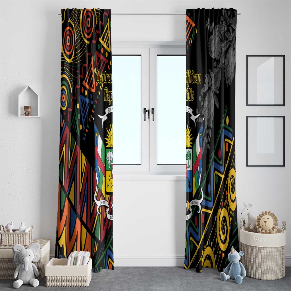 Black window curtains with bold colorful geometric print and grayscale floral right panel