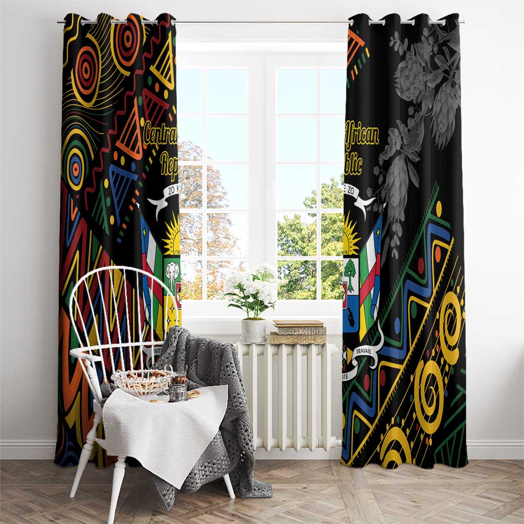 Pair of black window curtains with colorful geometric panels and grayscale floral print