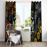 Pair of black window curtains with colorful geometric panels and grayscale floral print