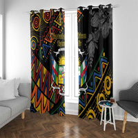 Black window curtains with crest emblem and swirly geometric pattern, grayscale floral side