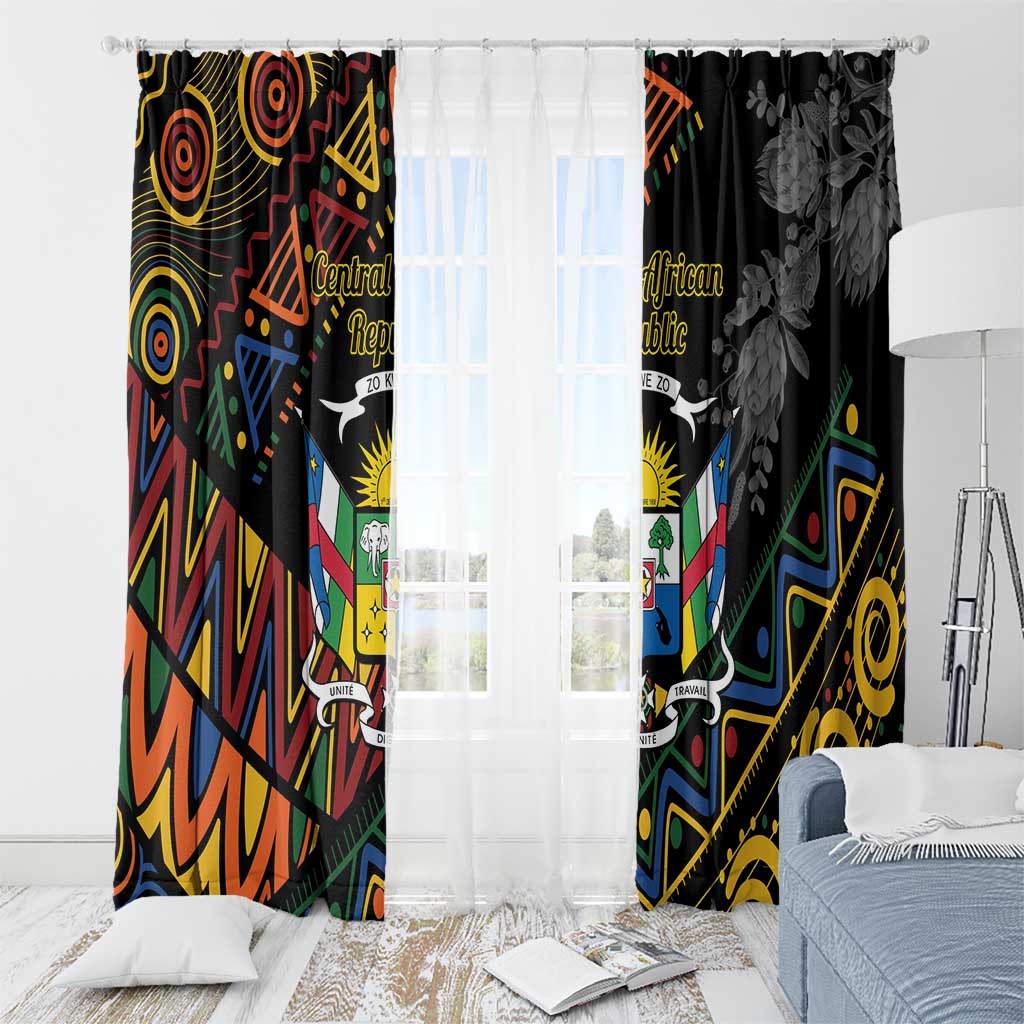 Window curtain set with black colorful geometric panels and grayscale floral side panels