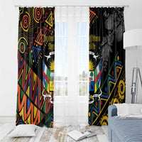 Window curtain set with black colorful geometric panels and grayscale floral side panels