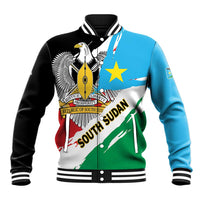 South Sudan baseball jacket with grunge flag eagle graphic on front, button varsity style
