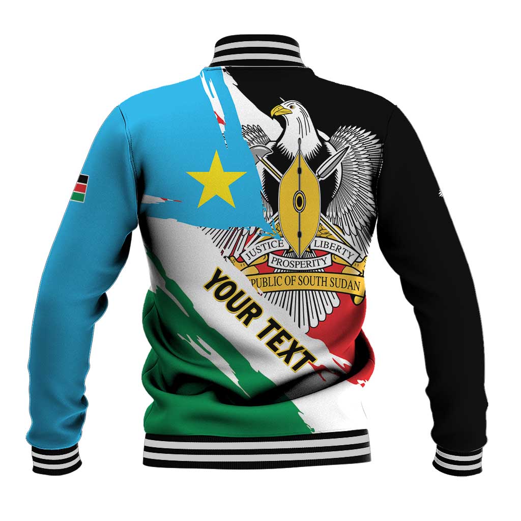South Sudan baseball jacket with grunge flag eagle graphic on back, black blue green