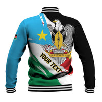 South Sudan baseball jacket with grunge flag eagle graphic on back, black blue green