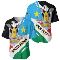 Personalized South Sudan baseball jersey with grunge flag graphic, black/white/blue/green panels