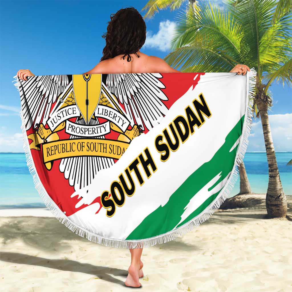 South Sudan flag round beach blanket with fringed edge, eagle crest and SOUTH SUDAN lettering