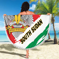 South Sudan flag round beach blanket with fringed edge, eagle crest and SOUTH SUDAN lettering