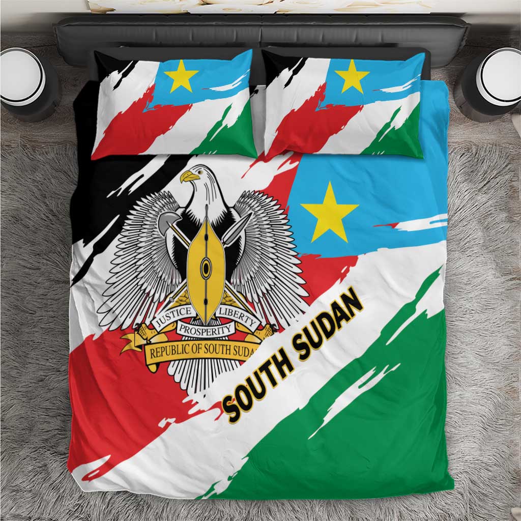 South Sudan flag bedding set showing duvet and pillow shams with crest and stars