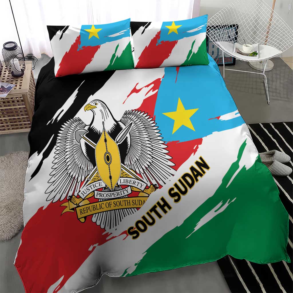 South Sudan bedding set with flag-style duvet, crest graphic, and matching pillow shams