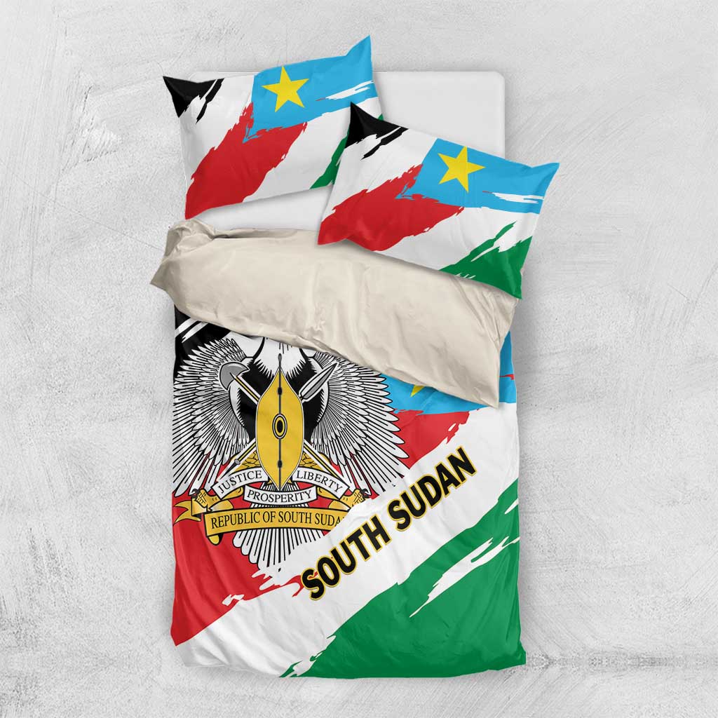 South Sudan bedding set with flag-pattern duvet and pillow shams, multicolor emblem graphic