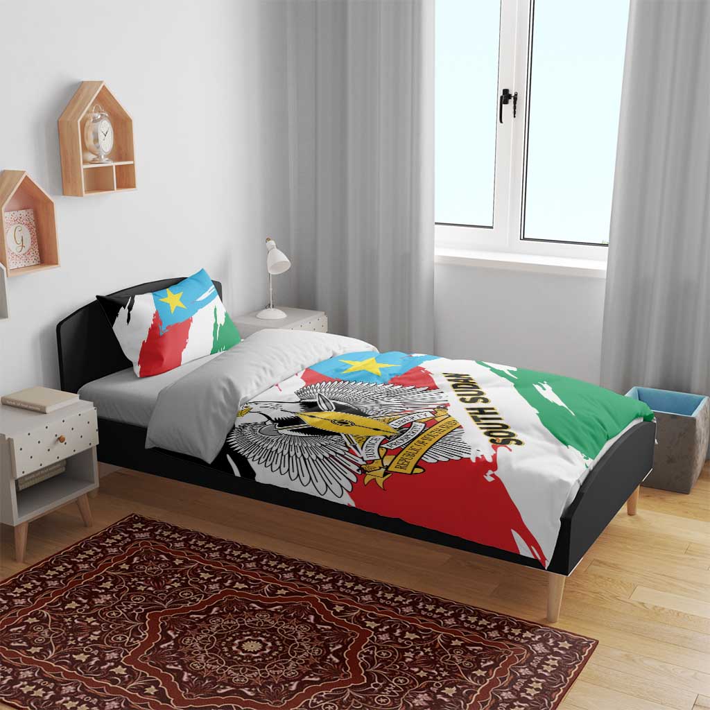 South Sudan flag bedding set on bed with duvet and pillow shams featuring stars and crest