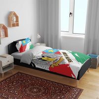 South Sudan flag bedding set on bed with duvet and pillow shams featuring stars and crest