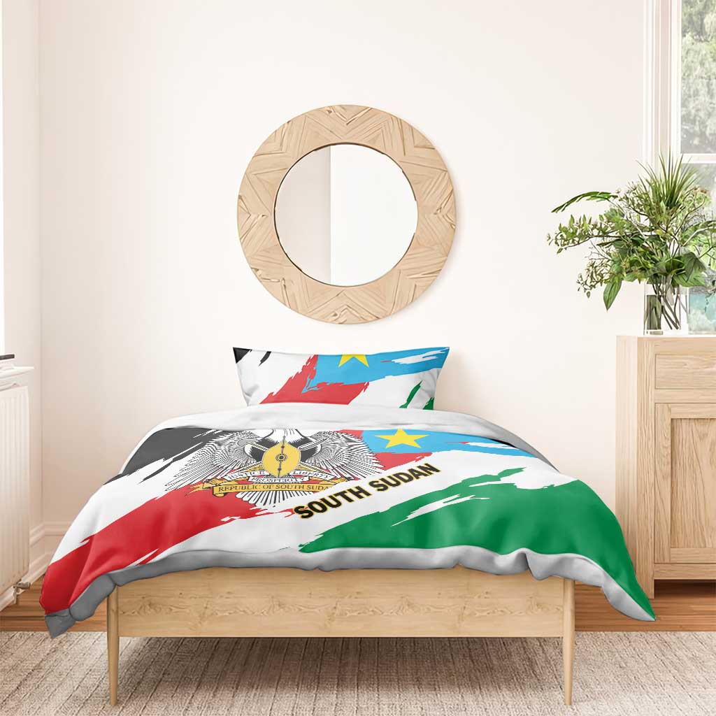 South Sudan bedding set with flag-themed duvet and matching pillow shams, multicolor print