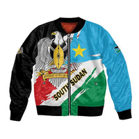 Bicolor South Sudan grunge bomber jacket, black and blue sleeves, green-red center panel