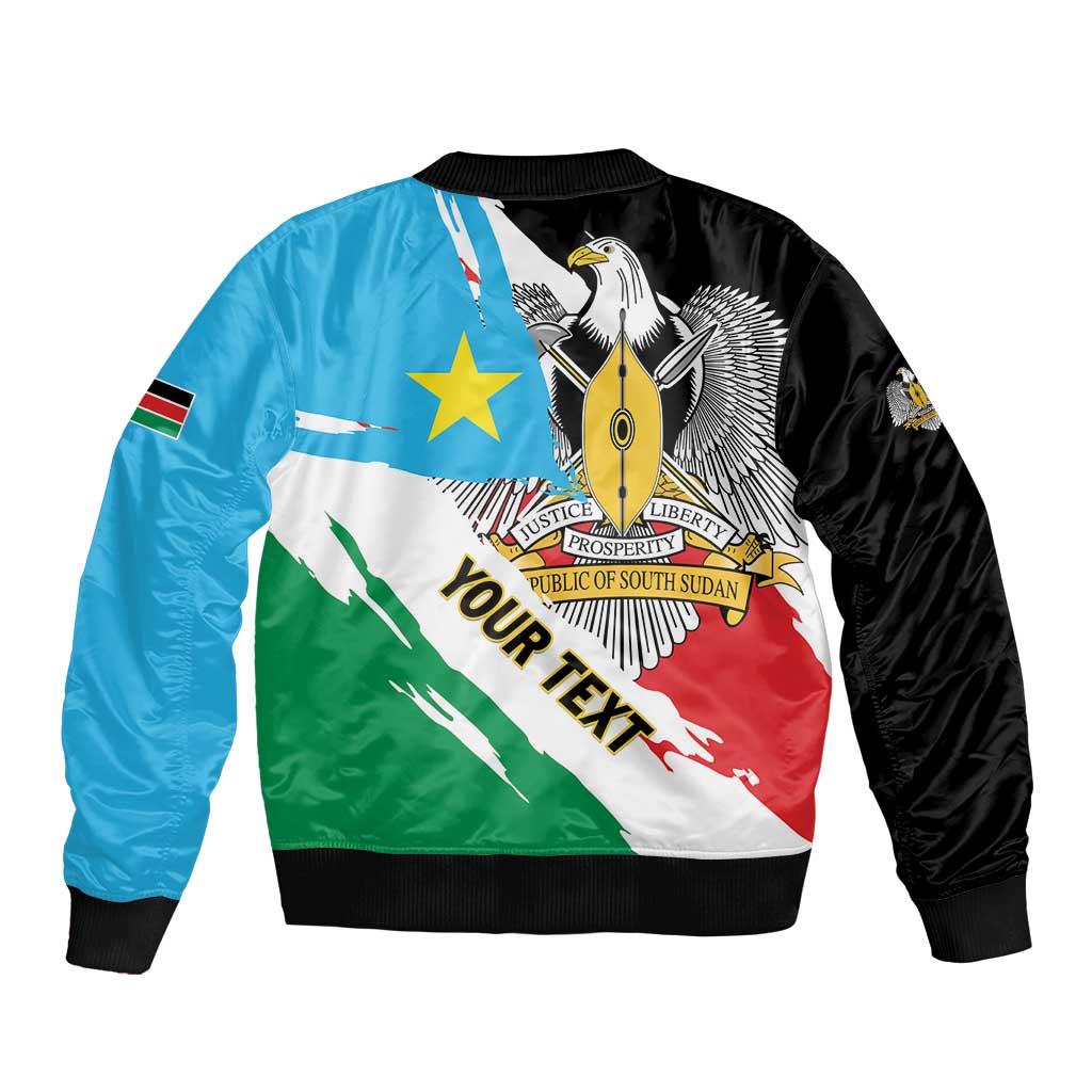 Bicolor bomber jacket with South Sudan flag print, black right and blue left sleeves