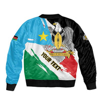 Bicolor bomber jacket with South Sudan flag print, black right and blue left sleeves