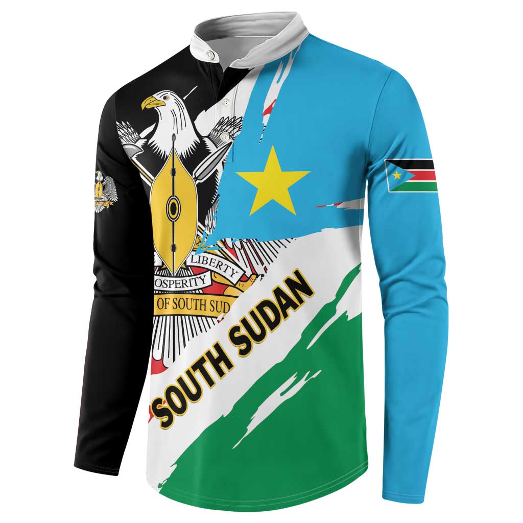 South Sudan graphic sweatshirt with blue sleeve, green panel, eagle emblem, and long sleeves