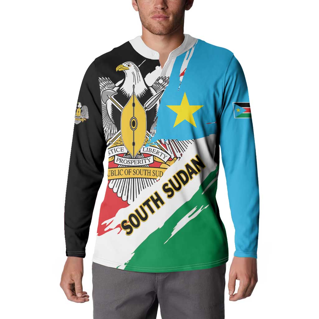 South Sudan graphic sweatshirt on model, front design with eagle, star, and SOUTH SUDAN text