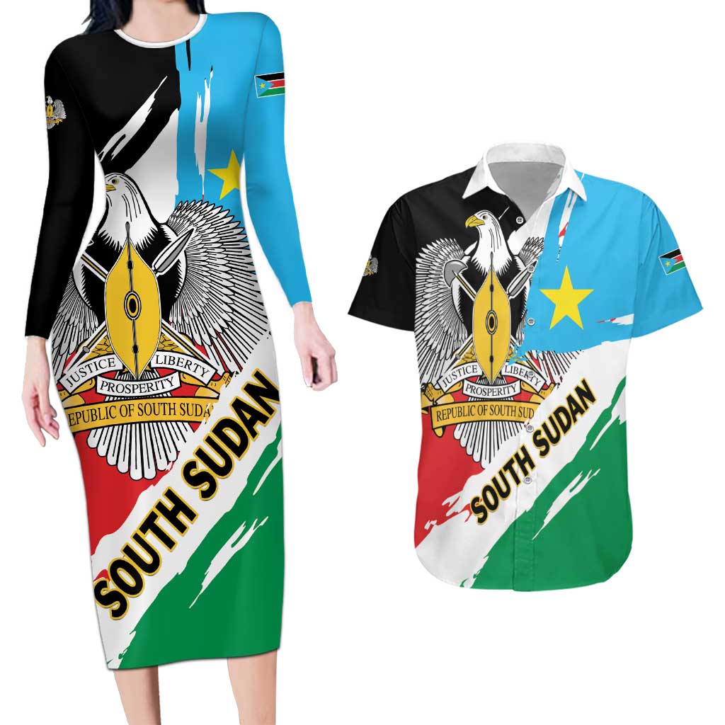 Personalized South Sudan Couples Matching Long Sleeve Bodycon Dress and Hawaiian Shirt Grunge Flag Style - Wonder Print Shop