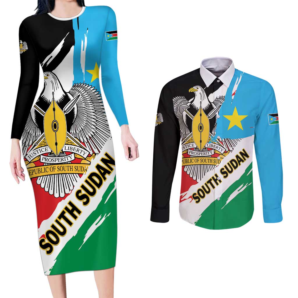 Personalized South Sudan Couples Matching Long Sleeve Bodycon Dress and Long Sleeve Button Shirt Grunge Flag Style - Wonder Print Shop