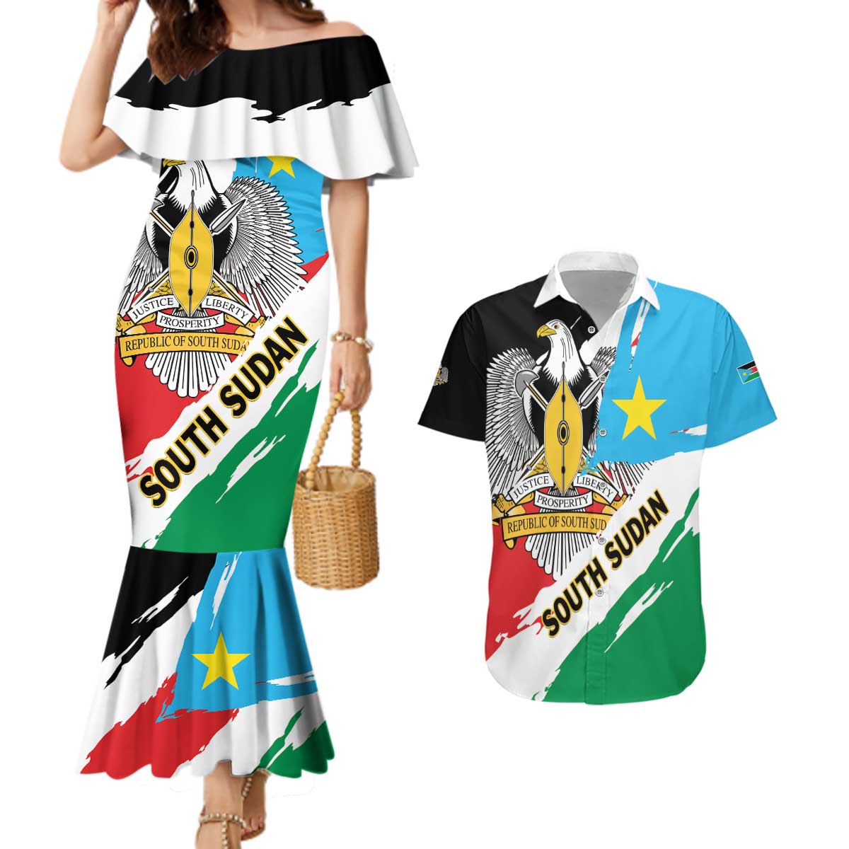 Personalized South Sudan Couples Matching Mermaid Dress and Hawaiian Shirt Grunge Flag Style - Wonder Print Shop