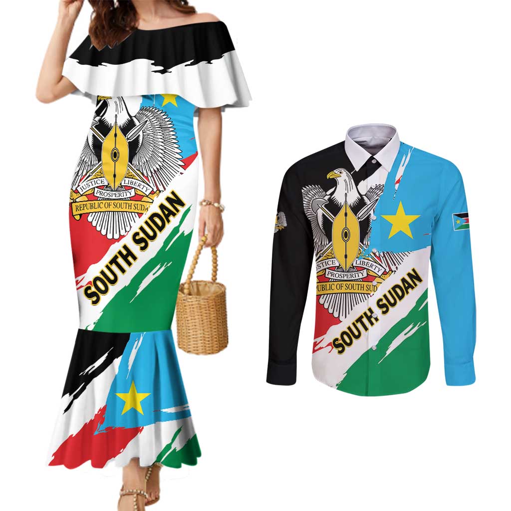 Personalized South Sudan Couples Matching Mermaid Dress and Long Sleeve Button Shirt Grunge Flag Style