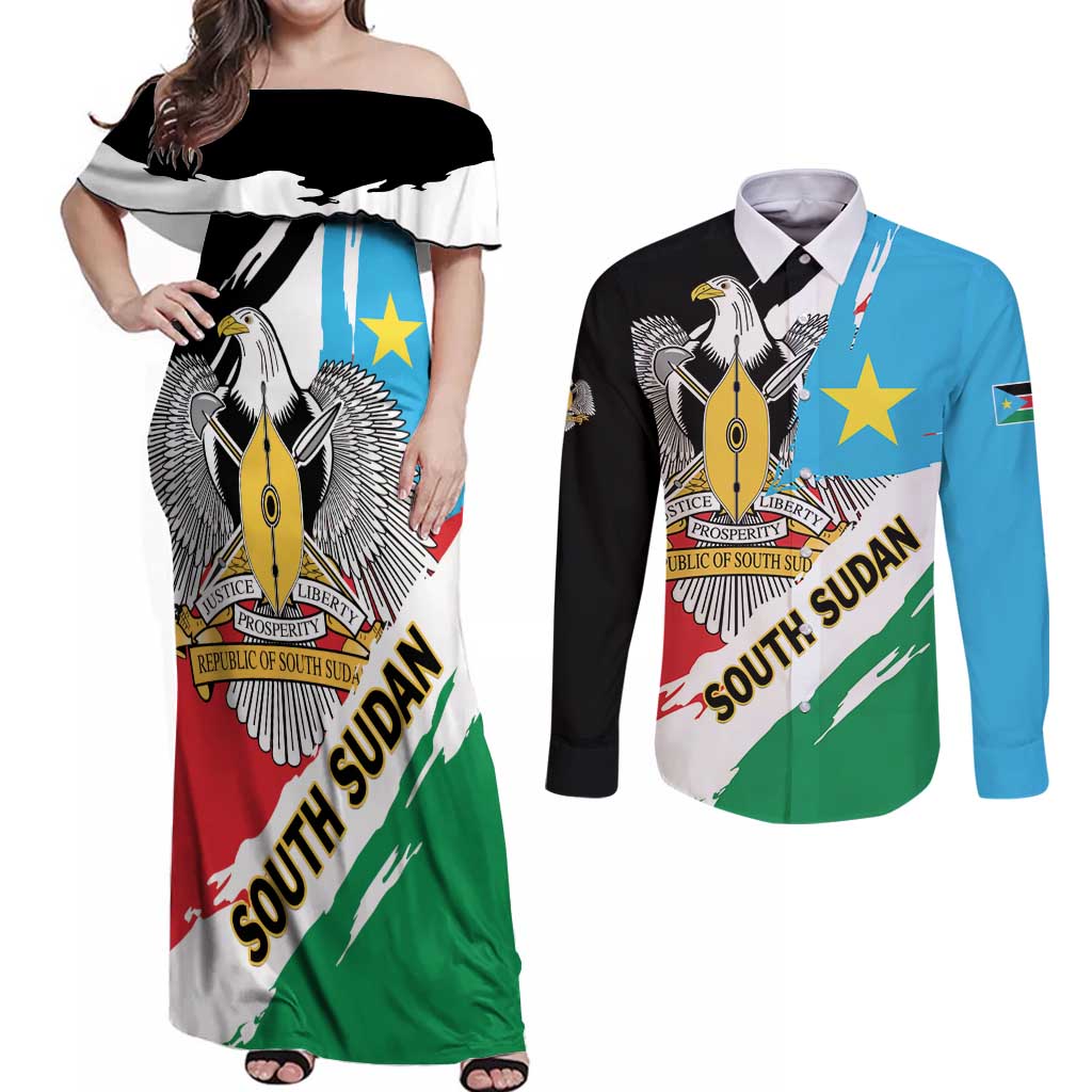 Personalized South Sudan Couples Matching Off Shoulder Maxi Dress and Long Sleeve Button Shirt Grunge Flag Style - Wonder Print Shop