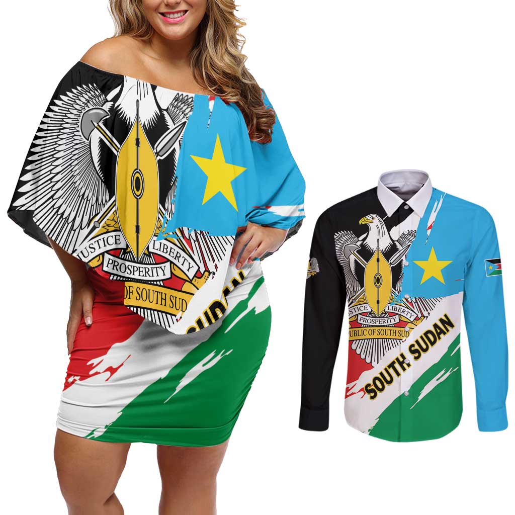 Personalized South Sudan Couples Matching Off Shoulder Short Dress and Long Sleeve Button Shirt Grunge Flag Style - Wonder Print Shop