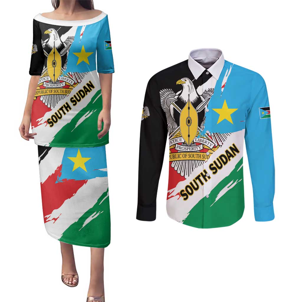 Personalized South Sudan Couples Matching Puletasi and Long Sleeve Button Shirt Grunge Flag Style - Wonder Print Shop